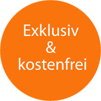 Kreis orange mit Text: Exklusive und kostenfrei