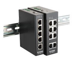 DIS-100E-5W and DIS-100E-8W unmanaged industrial switches on a din-rail