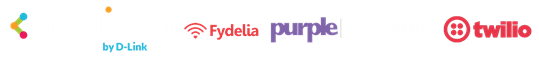 Nuclias by D-Link logo + Fydelia, Purple, Stampede, Twilio