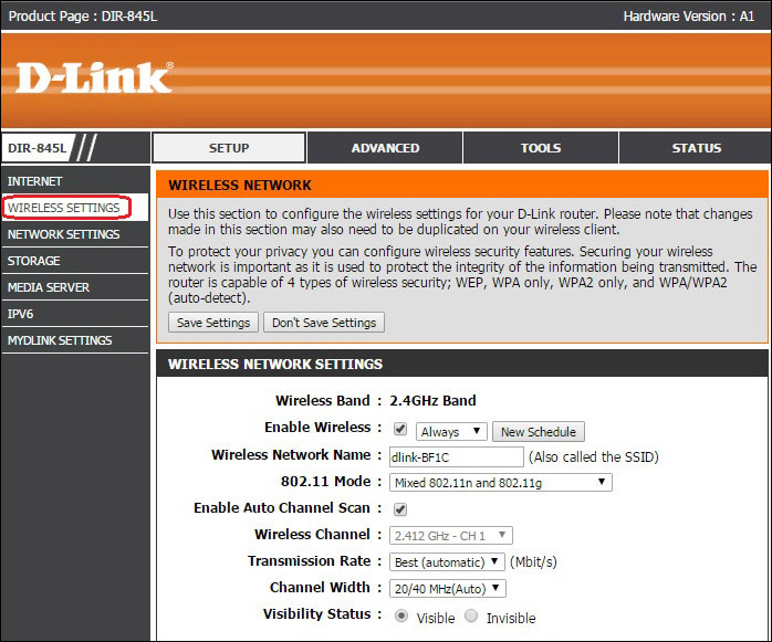 locate your dlink routers wireless settings