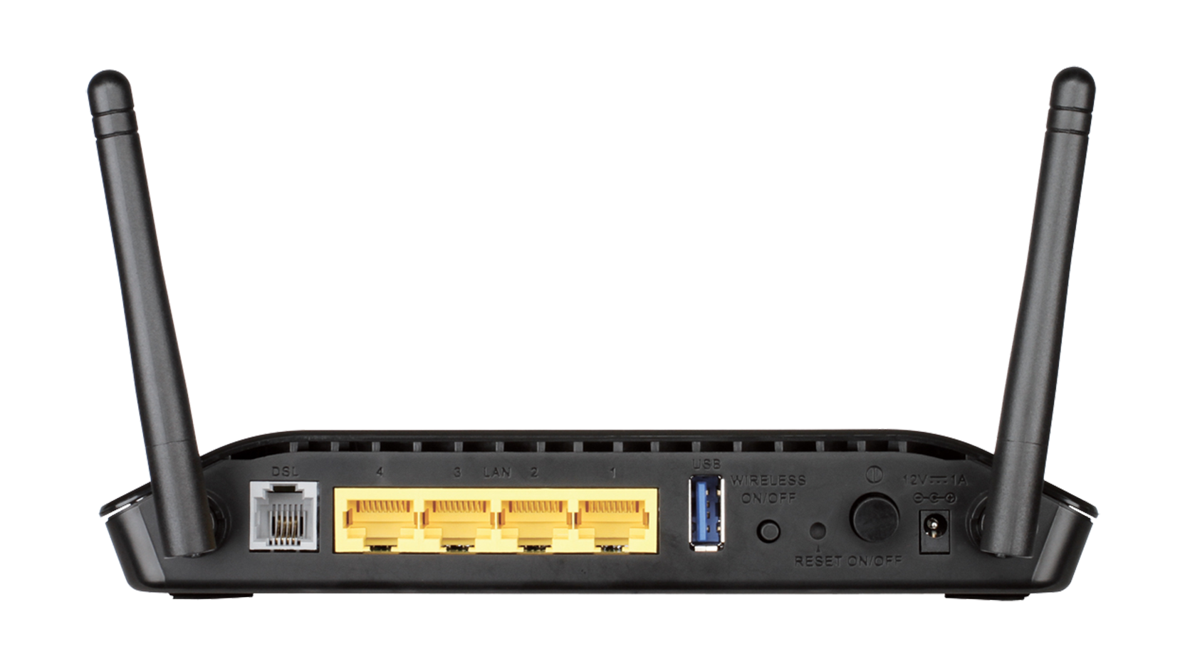  A black and yellow D-Link brand modem/router with label indicating where to connect the power supply, the DSL line, LAN cables, and a USB cable. The image represents the search query 'WiFi router and modem updates to improve internet connectivity for Facebook's Star Feature'.